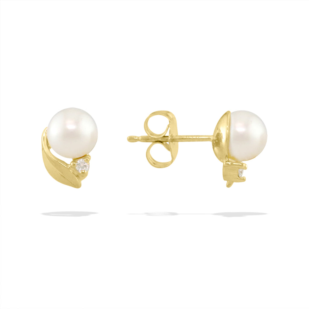 14485 - 14K Yellow Gold - Maile Leaf Freshwater Pearl Stud Earrings