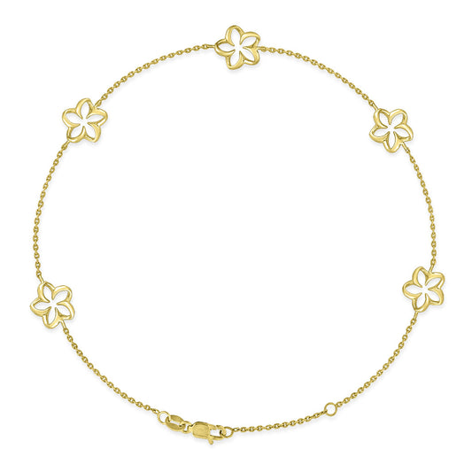Yellow gold floating plumeria bracelet with open petal flowers stationed on a delicate chain. Item 41974