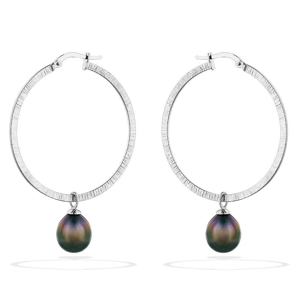 41476 - 14K White Gold - Tahitian Pearl Hoop Earrings