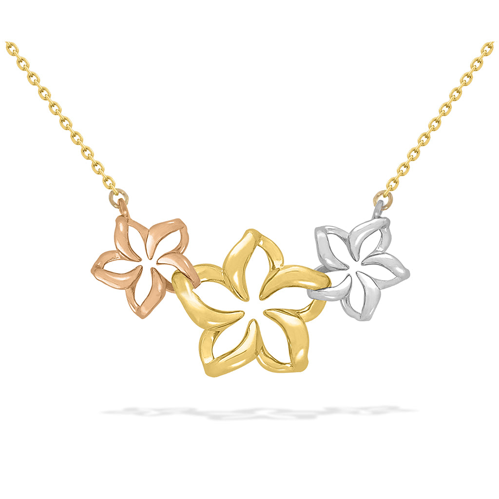 41317 - 14K Rose Gold, 14K White Gold and 14K Yellow Gold - Tri-Color Three Floating Plumeria Necklace