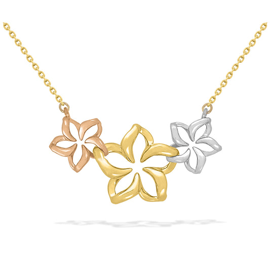 41317 - 14K Rose Gold, 14K White Gold and 14K Yellow Gold - Tri-Color Three Floating Plumeria Necklace