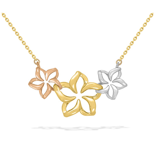 Floating plumeria necklace with gold chain, highlighting 3 plumerias in 14k rose, 14k yellow & 14k white gold. Item No. 41317