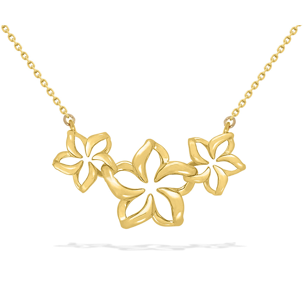 41318 - 14K Yellow Gold - Three Floating Plumeria Necklace
