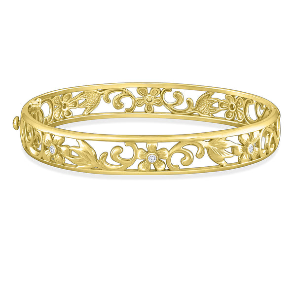 Floral Hinged Bangle with Diamonds –14K Yellow Gold– Na Hoku