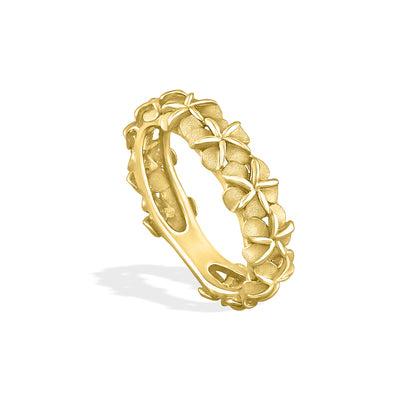 Gold plumeria flower band ring with textured petals and floral detail, crafted to resemble a Hawaiian lei. Item No. 40978