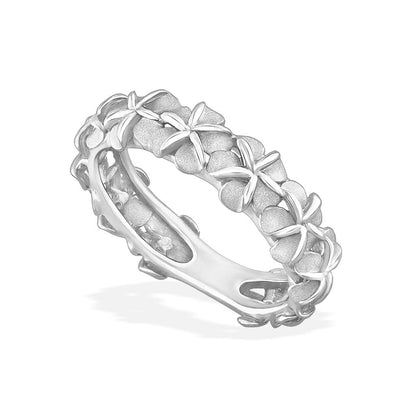 White gold plumeria ring featuring satin-finish petals & polished edges in a design resembling a plumeria lei. Item No. 40979