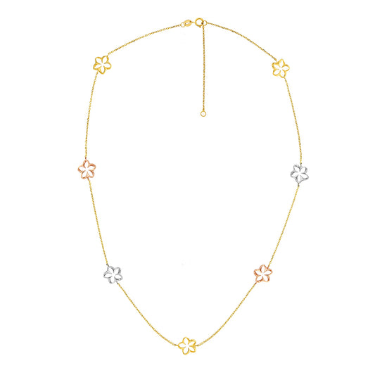 Stationary adjustable necklace with 7 open plumerias made in tri-color gold on a dainty 14k yellow gold chain. Item No. 41592