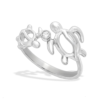 Double honu ring made in 14k white gold with a center bezel-set diamond, designed in a bypass style. Item No. 41407