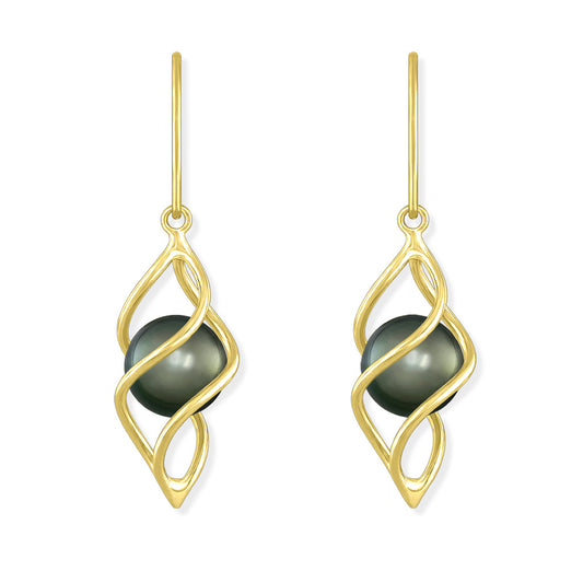 43902 - 14K Yellow Gold - Tahitian Pearl Twist Cage Hook Earrings