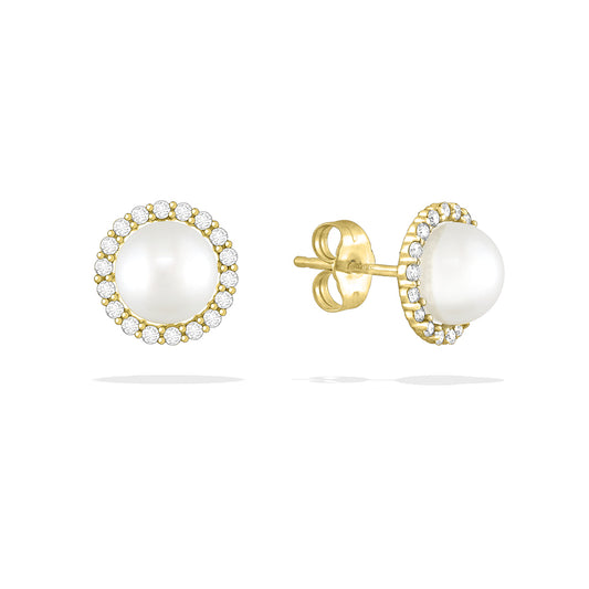43871 - 14K Yellow Gold - White Akoya Pearl Halo Stud Earrings