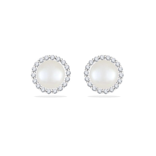 Refined 14k white gold halo stud earrings with white Akoya pearls framed by a circle of sparkling diamonds. Item No. 43872