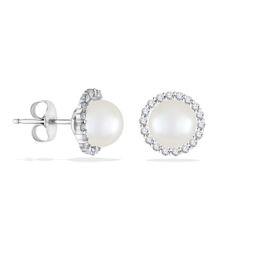 43872 - 14K White Gold - White Akoya Pearl Halo Stud Earrings
