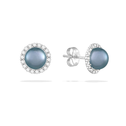 43873 - 14K White Gold - Blue Akoya Pearl Halo Stud Earrings