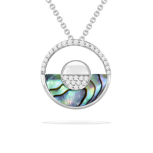 White gold circle pendant in a horizon style design with open top half, abalone inlay bottom & diamond accent. Item No. 47544