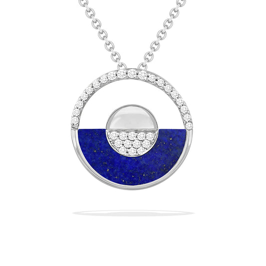 White gold horizon pendant with lapis lazuli base, diamond sun, & open circle design with diamond accents. Item No. 47542