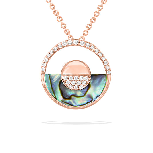 Rose gold circle pendant with abalone inlay, pavé-set diamond accents & top half in open negative space. Item No. 47591
