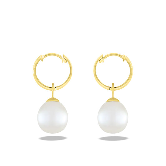 43479 - 14K Yellow Gold - White Freshwater Pearl Hoop Earrings