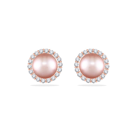 43619 - 14K Rose Gold - Pink Freshwater Pearl Halo Stud Earrings