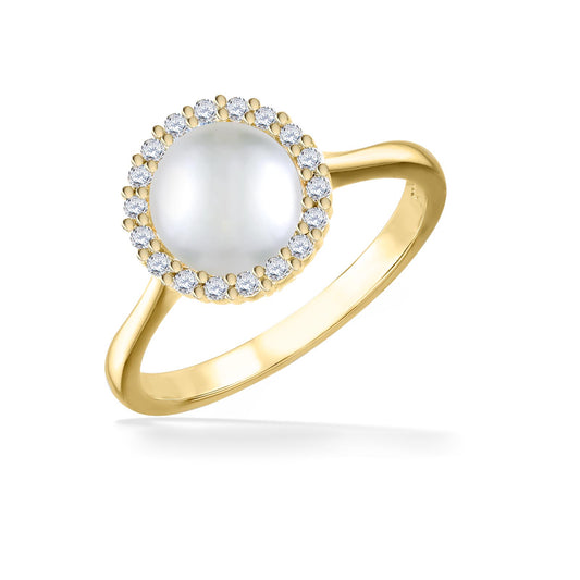 43643 - 14K Yellow Gold - White Akoya Pearl Halo Ring