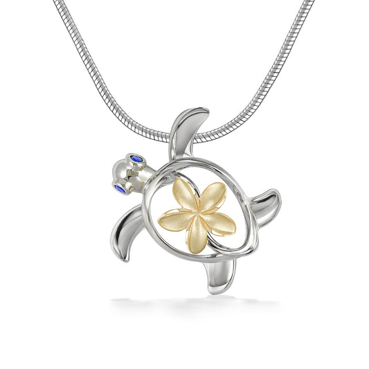 43702 - 14K Yellow Gold and Sterling Silver - Honu and Plumeria Pendant