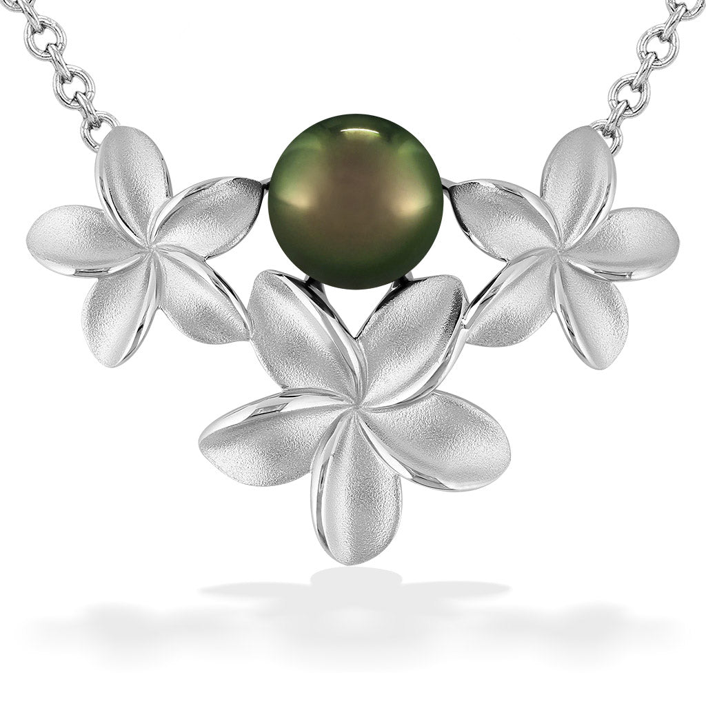 Tahitian Pearl Three Plumeria Necklace - Sterling Silver