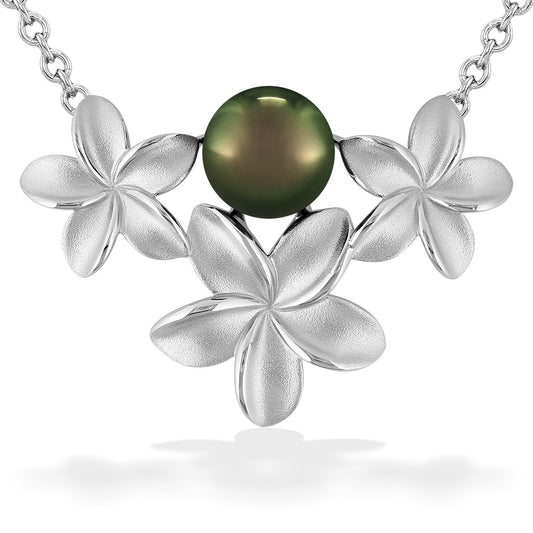 44314 - Sterling Silver - Tahitian Pearl Three Plumeria Necklace