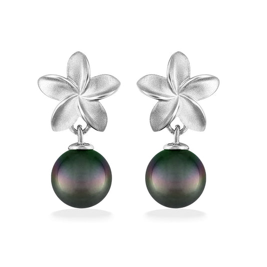 44315 - Sterling Silver - Tahitian Pearl Plumeria Dangle Earrings