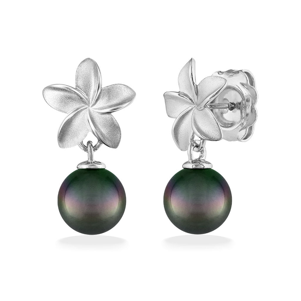 44315 - Sterling Silver - Tahitian Pearl Plumeria Dangle Earrings