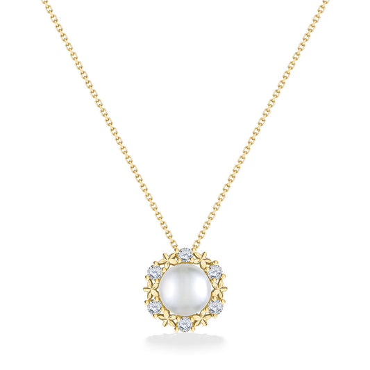 Alternate view of yellow gold floral halo pendant highlighting pearl center and diamond-set plumeria details. Item No. 44307