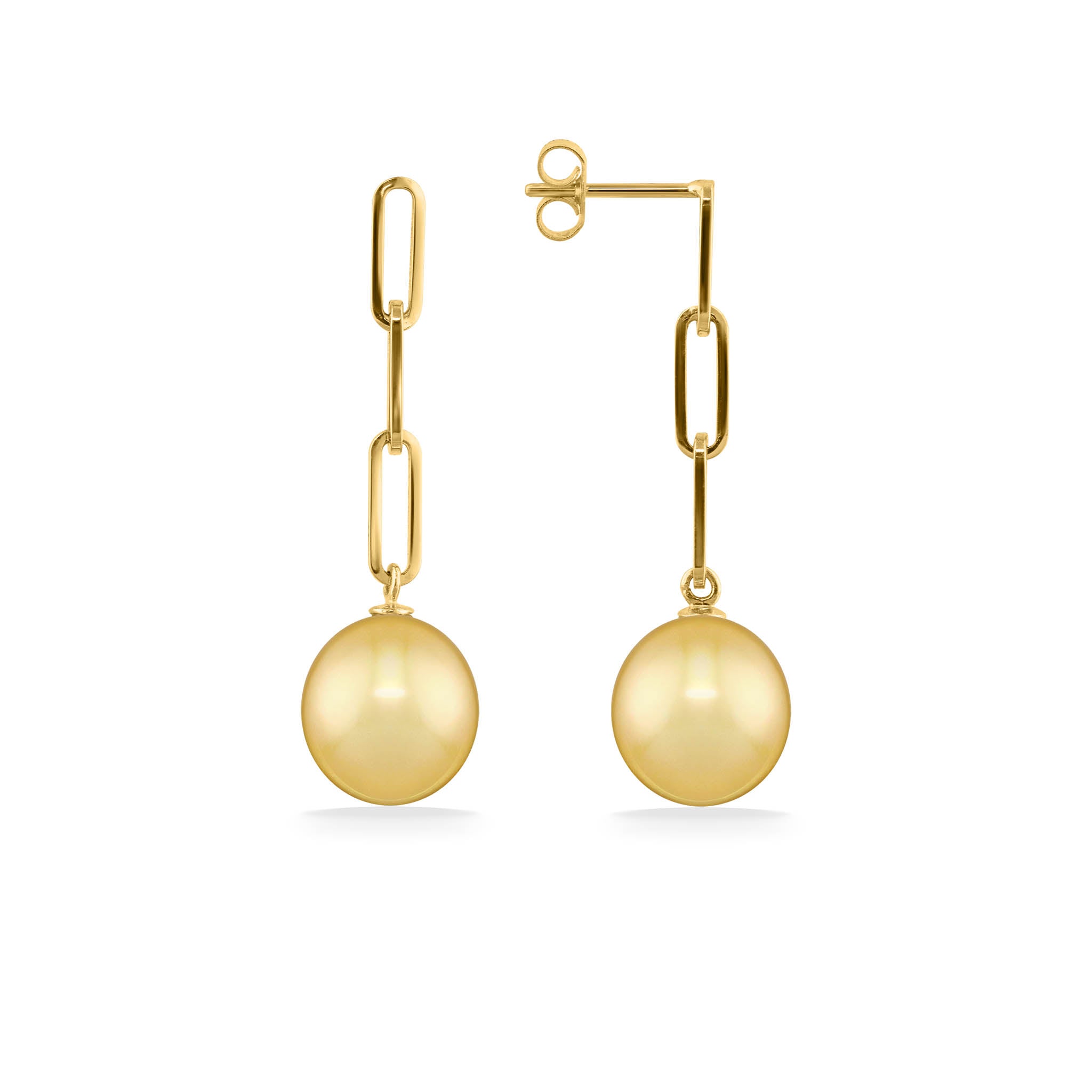 Paperclip Drop Earrings–9mm Golden South Sea Pearls–Na Hoku