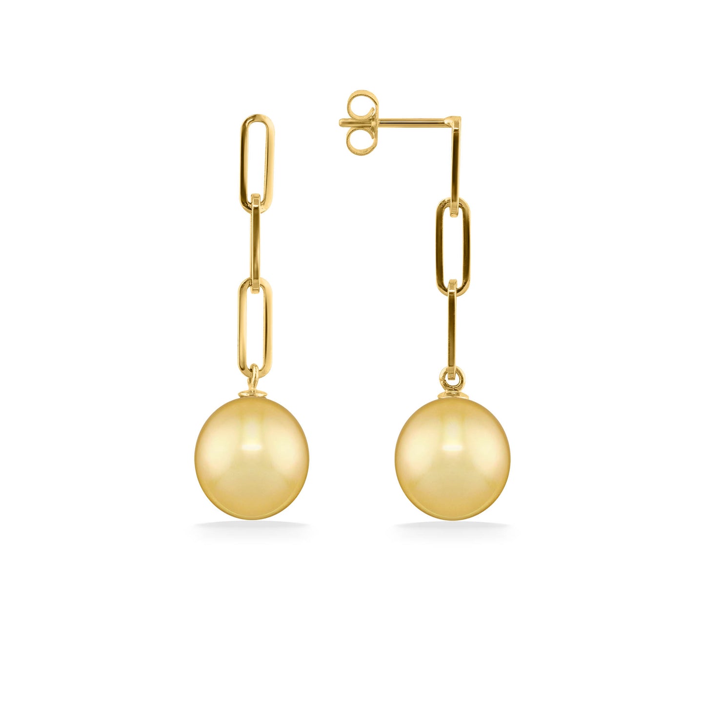 Side profile of paperclip dangle earring highlighting elongated 14K yellow gold links and pearl drop detail. Item No. 44354