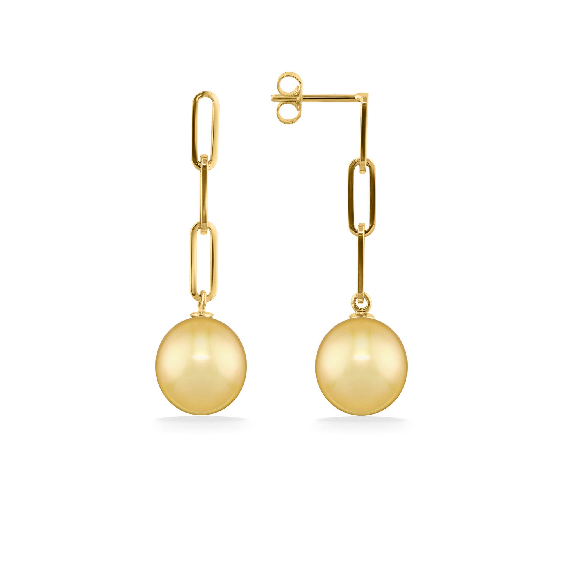 Side profile of paperclip dangle earring highlighting elongated 14K yellow gold links and pearl drop detail. Item No. 44354