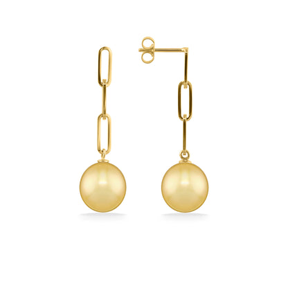 Side profile of paperclip dangle earring highlighting elongated 14K yellow gold links and pearl drop detail. Item No. 44354