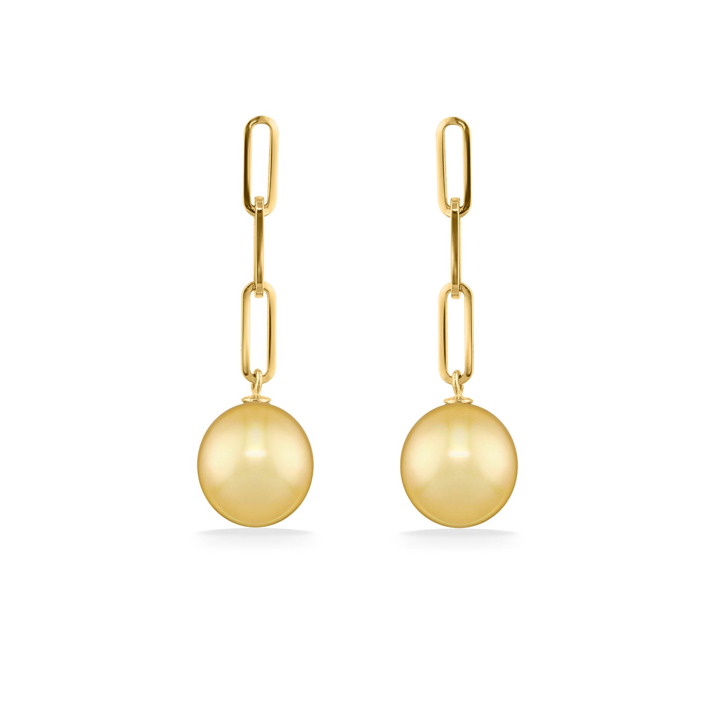 Paperclip-inspired 14K yellow gold dangle earrings accented by glowing 9mm Golden South Sea pearl drops. Item No. 44354