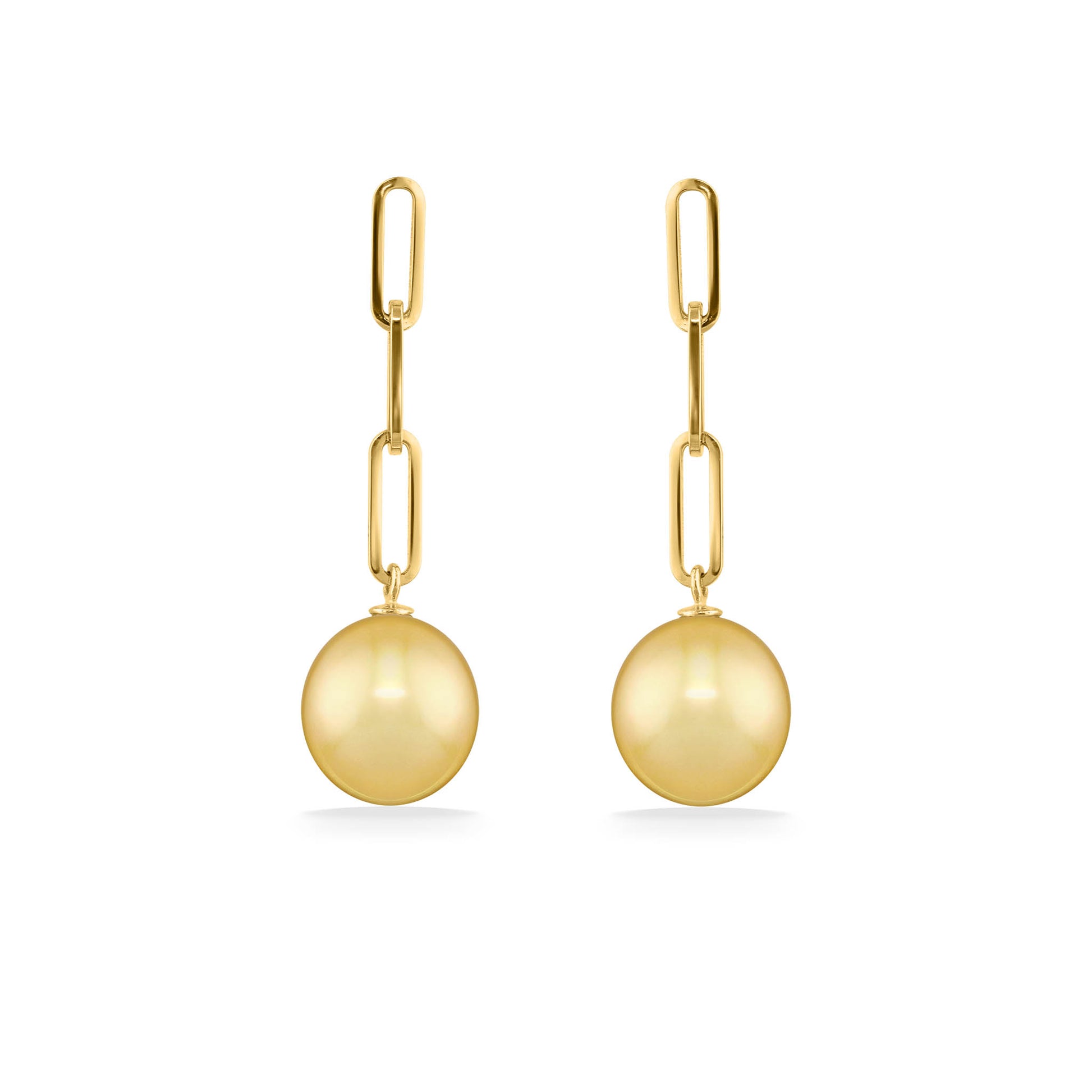 Paperclip-inspired 14K yellow gold dangle earrings accented by glowing 9mm Golden South Sea pearl drops. Item No. 44354