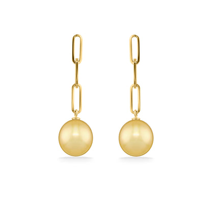 Paperclip-inspired 14K yellow gold dangle earrings accented by glowing 9mm Golden South Sea pearl drops. Item No. 44354