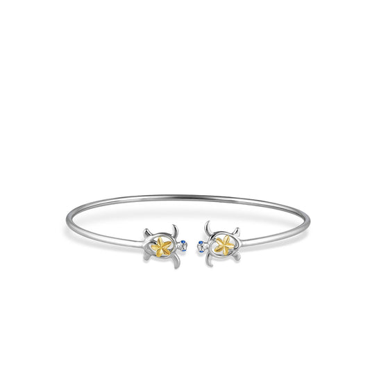 44390 - 14K Yellow Gold and Sterling Silver - Honu and Plumeria Bangle Bracelet