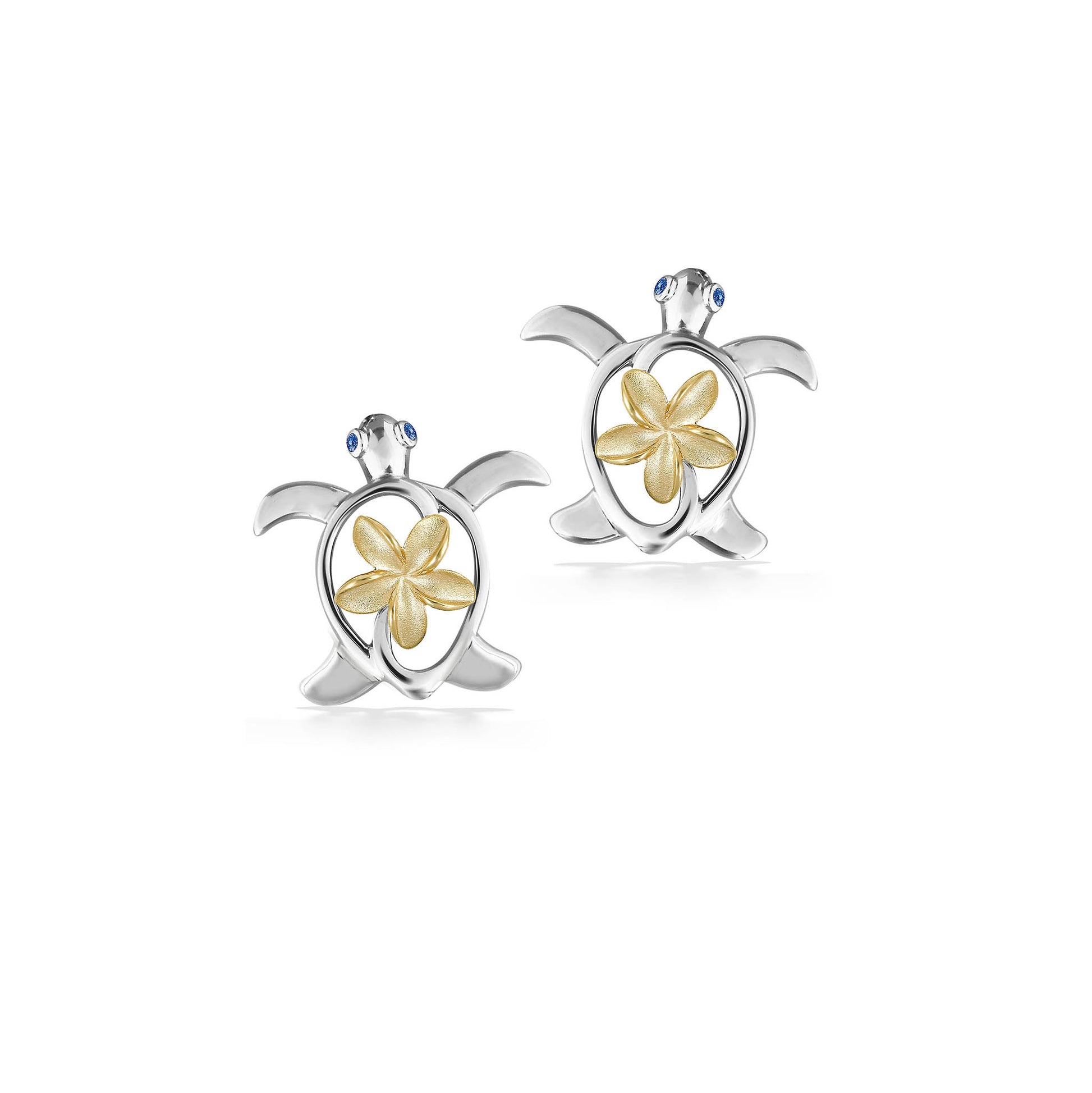 44391 - 14K Yellow Gold and Sterling Silver - Honu and Plumeria Stud Earrings