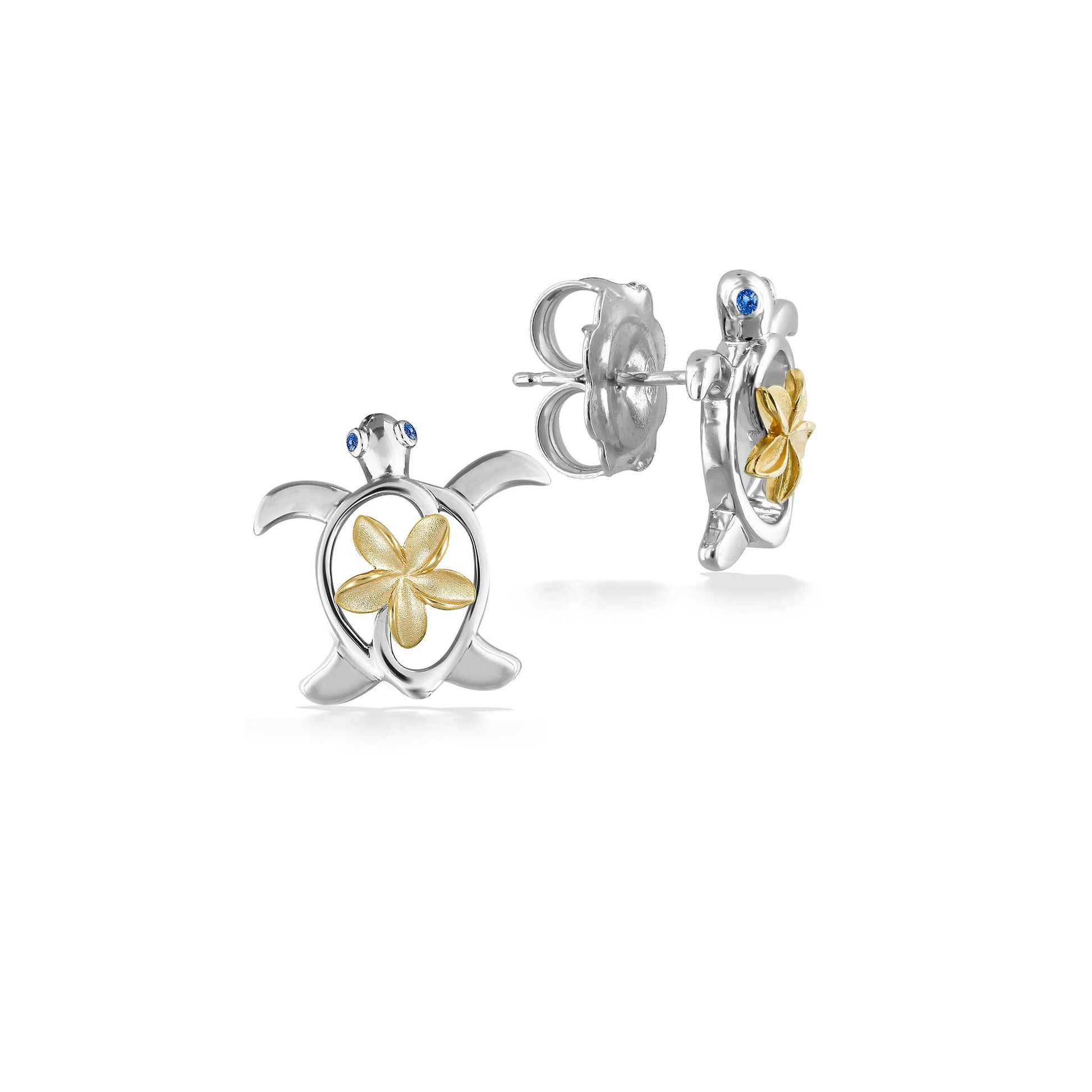 44391 - 14K Yellow Gold and Sterling Silver - Honu and Plumeria Stud Earrings