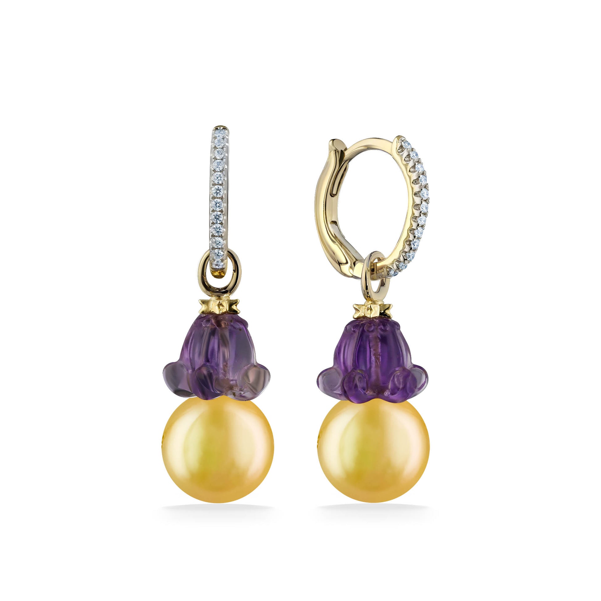 44423 - 14K Yellow Gold - Golden South Sea Pearl Crown Flower Hoop Earrings