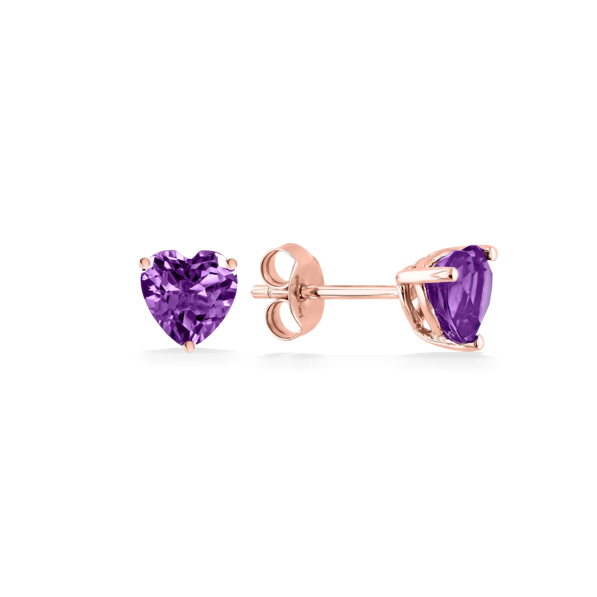14K Solid Yellow Gold Heart Amethyst Screw Back Stud Earrings | 0.50 - 3.00 TCW
