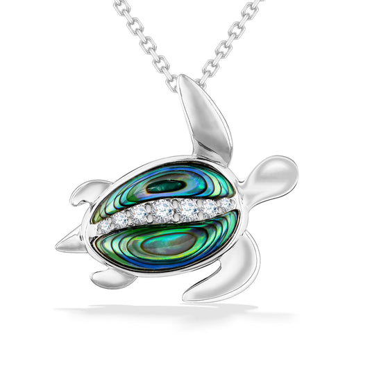 Elegant Honu pendant with an abalone inlay shell, with a middle diamond-lined curve, set in 14K white gold. Item No. 44448